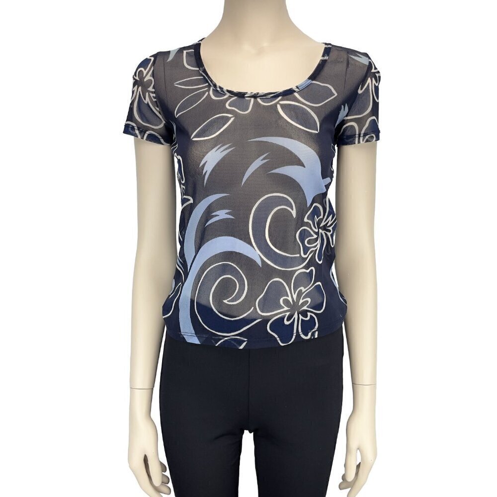 MARELLA MAX MARA‎ Seer Mesh Geometric Floral Pattern Boat Neck Blue White Tshirt